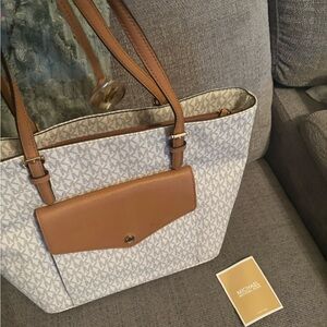 Michael Kors Signature White and Brown Tote